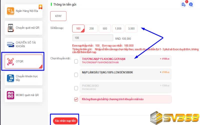Nạp tiền bằng phương thức OTQR tại SV368