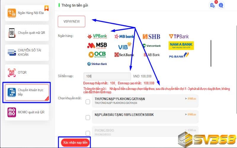 Phương thức nạp tiền chuyển khoản trực tiếp tại SV368